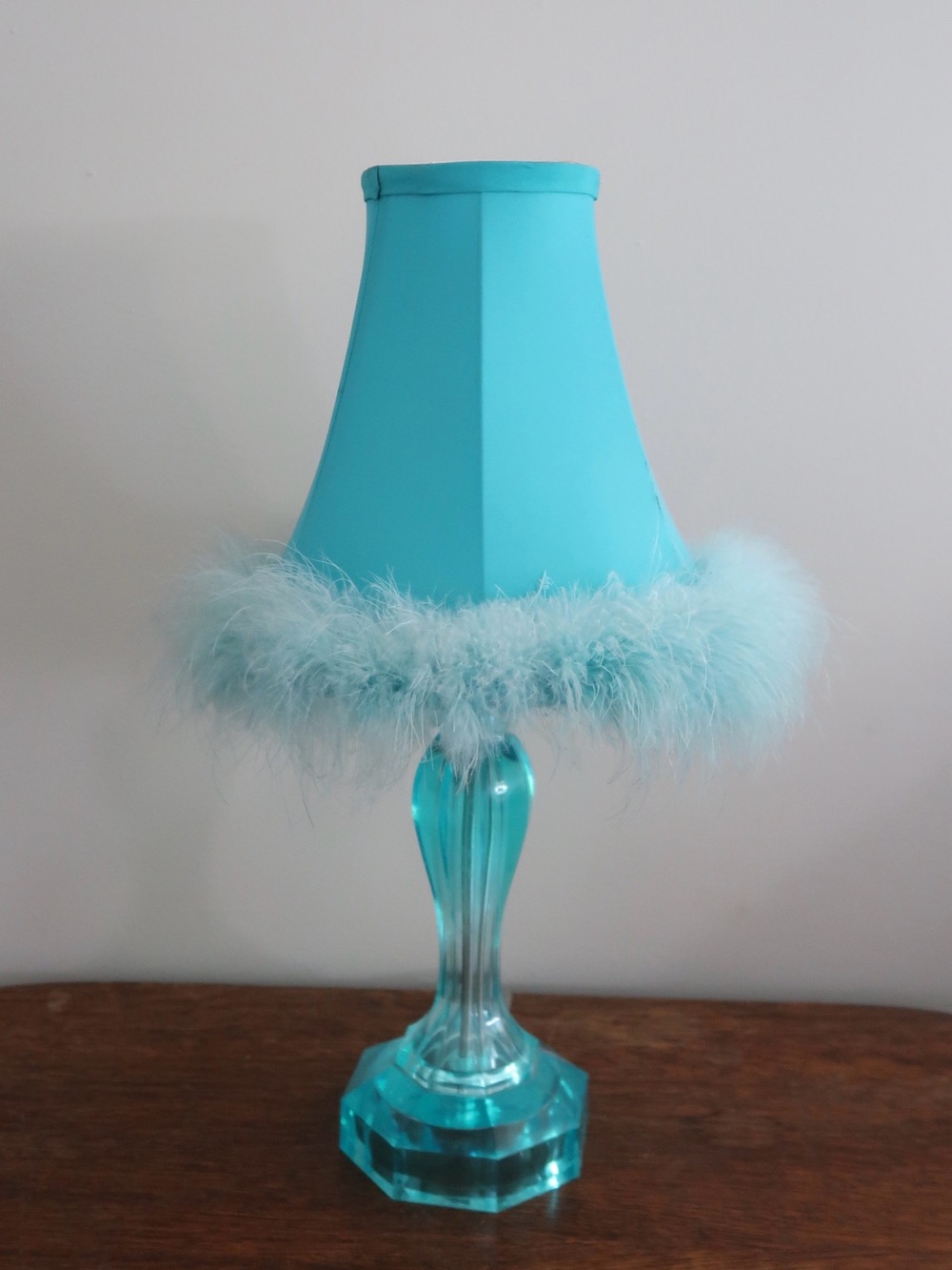 Vintage Y2K Target Aqua Blue Acrylic Lamp Feather Trim Shade 18”